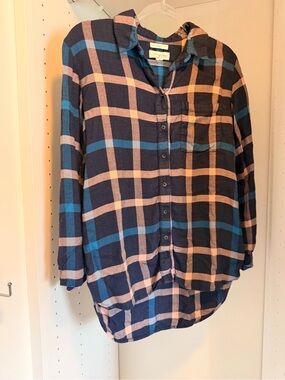 Treasure & Bond Navy Blue, Tan & Teal Plaid Button-Down Shirt